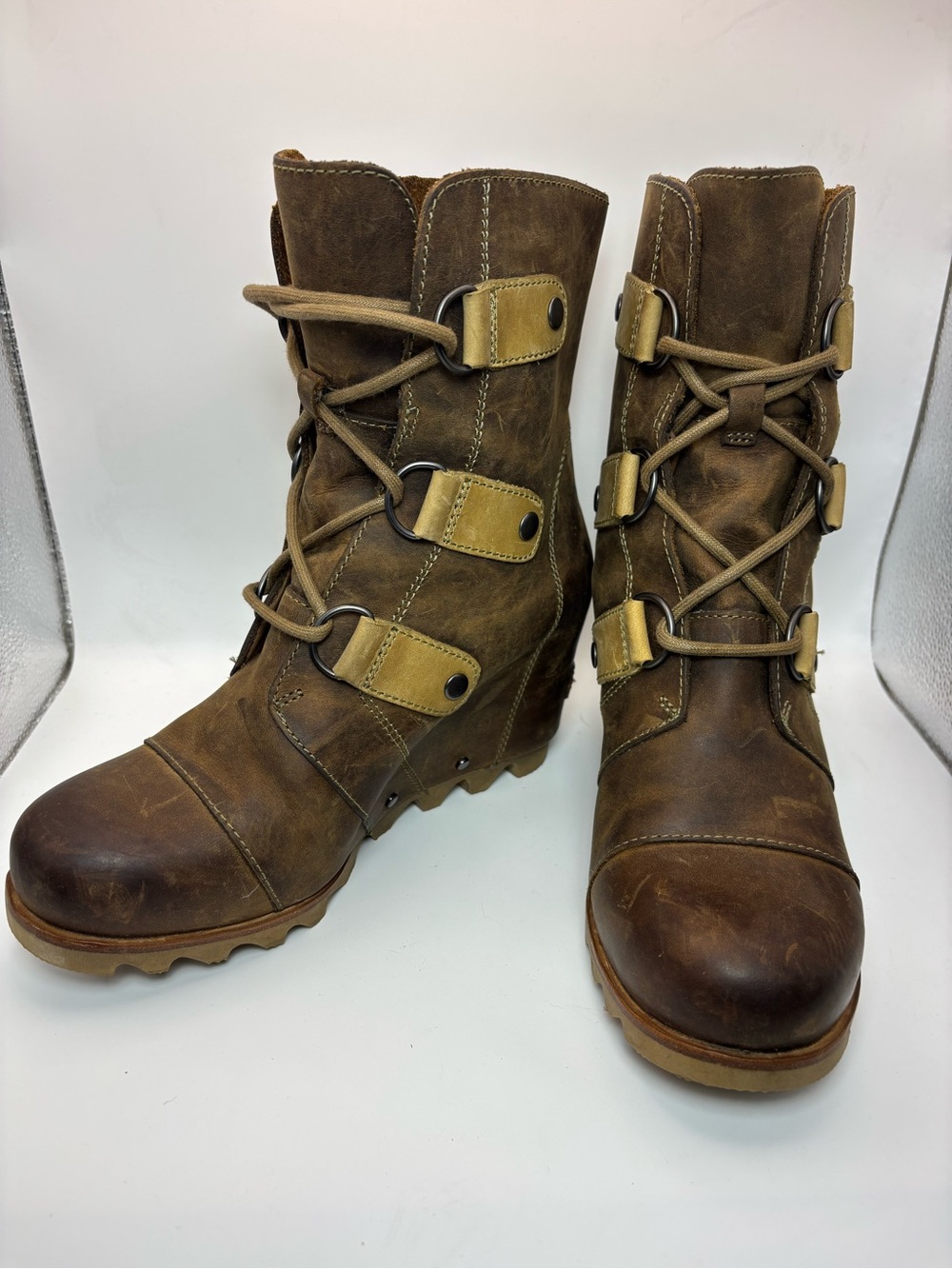 Sorel Brown Leather Lace-Up Wedge Combat Boots